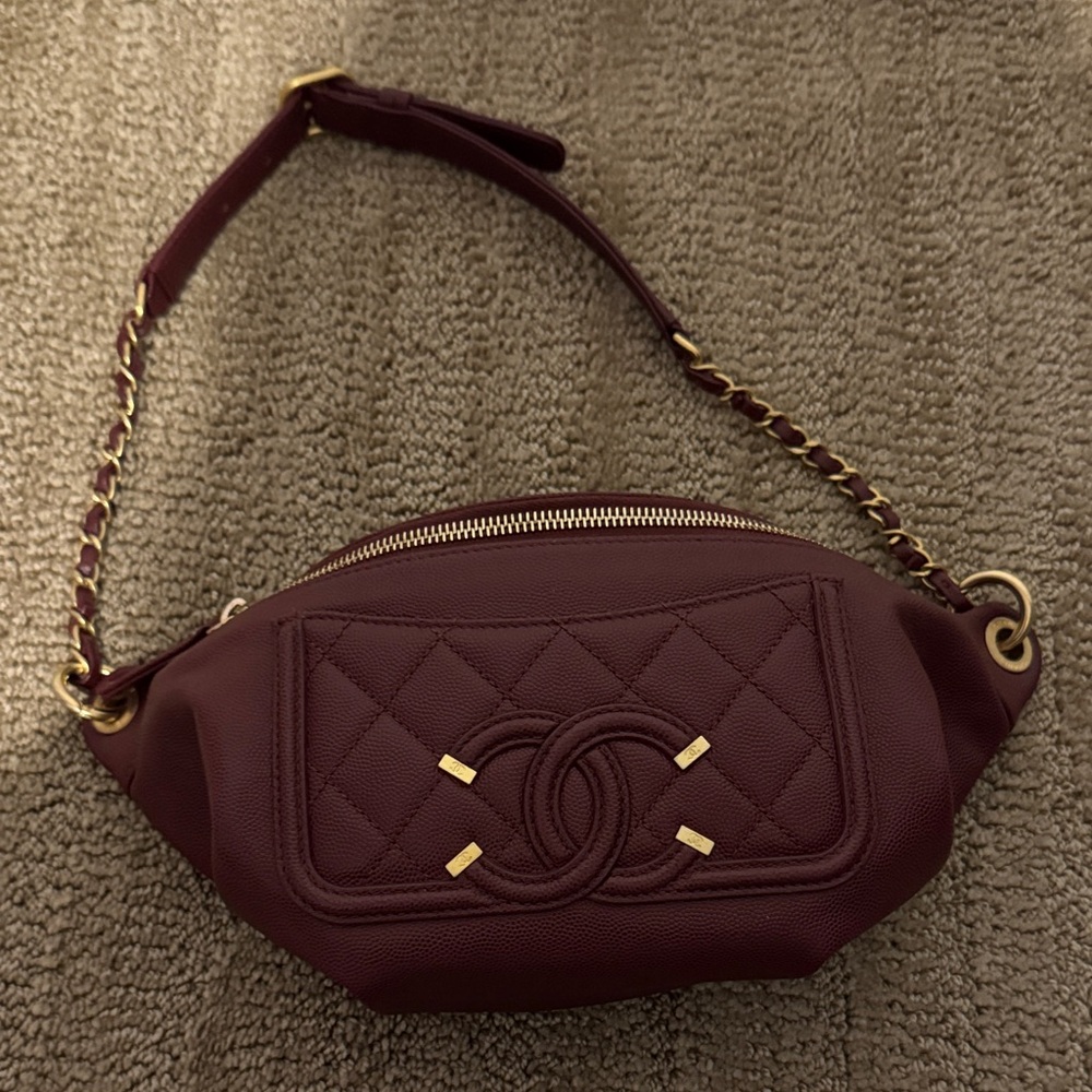 Chanel  Burgundy Quilted Caviar Leather Filigree Belt Bag